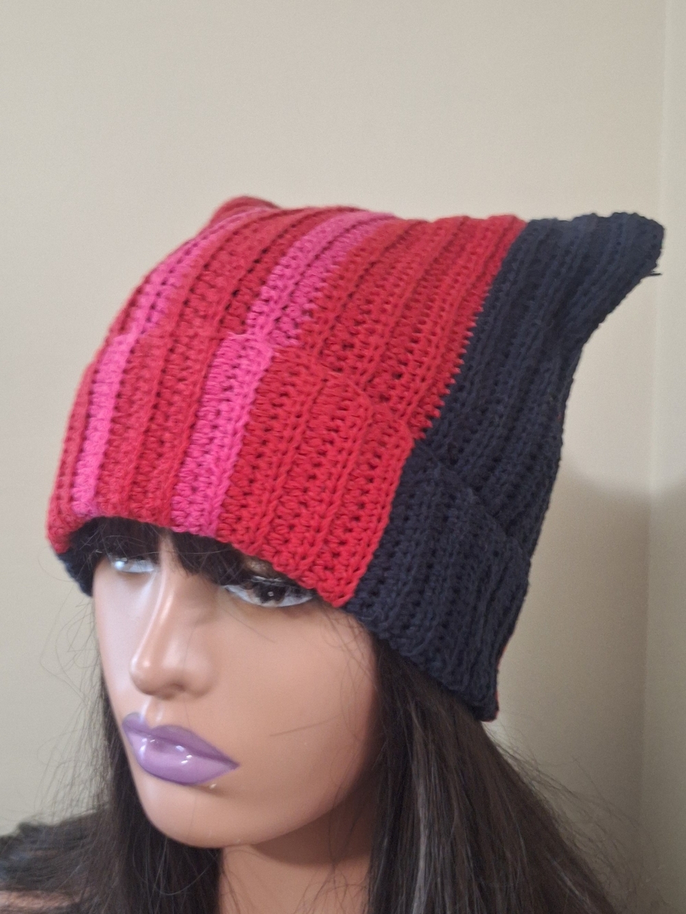 Handmade Color Block Ribbed Beanie Navy Red Pink Slouchy Winter Hat